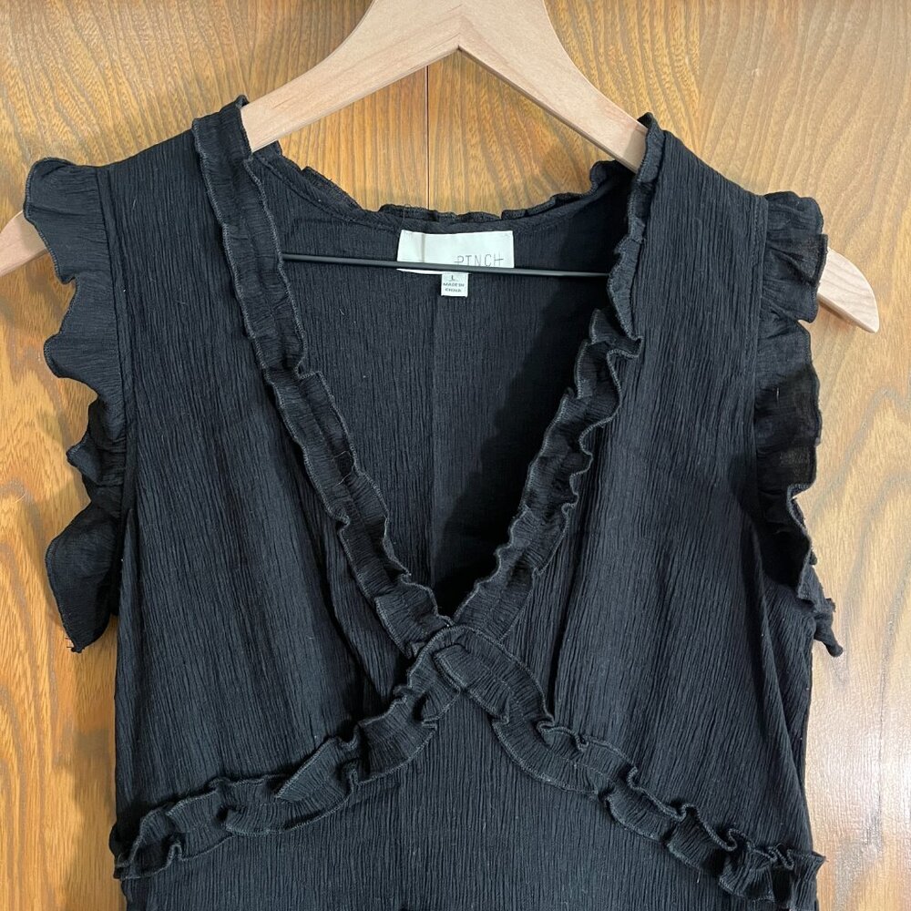 Pinch Ruffle Mini Dress, Sleeveless, V Neck, Black - Picture 2 of 6